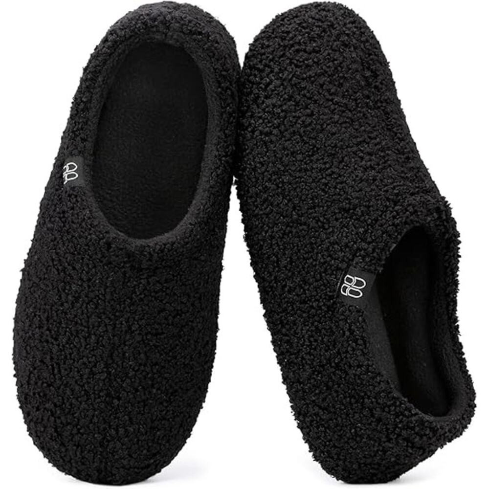 HomeTop Womens Size 7/8 Black Fuzzy Curly Fur Slide On Memory Foam Slippers